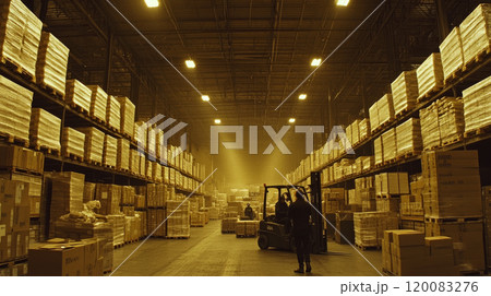 Rows of stacked boxes fill a large, illuminated warehouse with a forklift moving in the aisle. Concept: logistics and storage. For business presentations 120083276