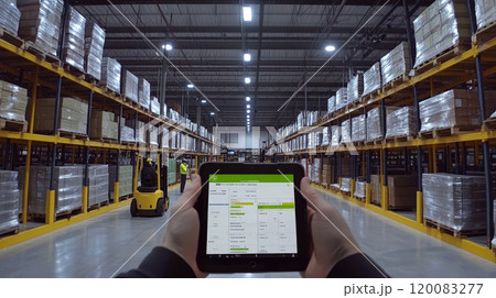 A person holds a tablet showing inventory data in a large warehouse, while a forklift operates in the background. Concept: warehouse management with technology. For logistics and supply chain visuals. 120083277