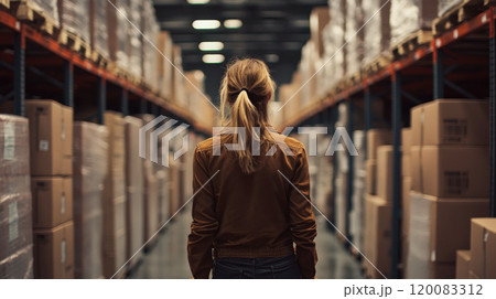 A woman stands in a warehouse aisle, surrounded by stacked boxes. Concept of logistics and storage. For business presentations. A woman stands in a warehouse aisle, surrounded by stacked boxes. Concept of logistics and storage. For business presentations. 120083312