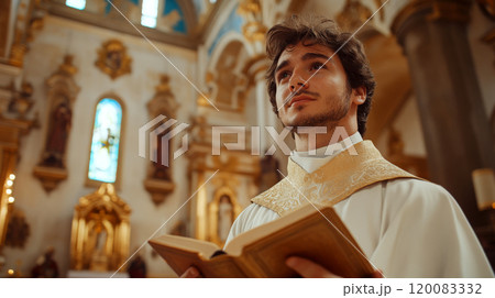 A man in a religious robe holds a book in a church. Concept of faith and devotion. For a religious or spiritual photo collection. 120083332