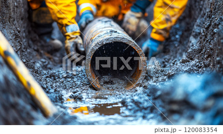 Workers in protective gear handle a large pipe in a muddy trench. Concept construction and repair work. For construction safety materials Workers in protective gear handle a large pipe in a muddy trench. Concept construction and repair work. For construction safety materials 120083354
