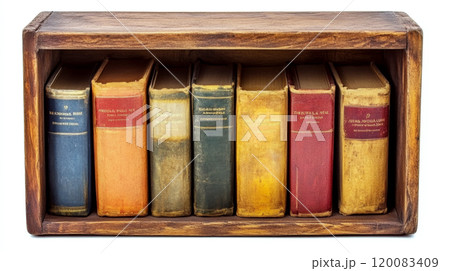 Seven hardcover books stand upright in a wooden shelf. Concept of vintage literature collection. For bookshop decor or reading themes. Seven hardcover books stand upright in a wooden shelf. Concept of vintage literature collection. For bookshop decor or reading themes. 120083409
