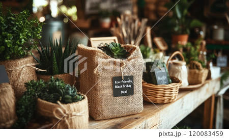 Plants in burlap and wicker pots are displayed on a wooden counter in a cozy shop. Concept of eco-friendly shopping and sustainable gift ideas. For eco-conscious home decor inspiration 120083459