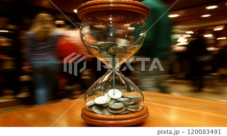 An hourglass with coins inside sits on a wooden table with blurred people in the background. Concept symbolizes time and money. For finance articles 120083491