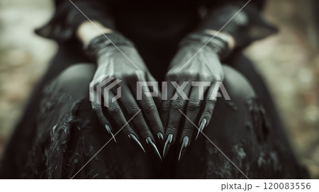 Black gloves with long, sharp nails are resting on knees outdoors. Concept of mystery and dark aesthetics. For Halloween or gothic-themed promotions. 120083556
