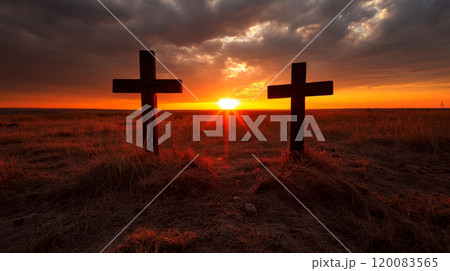Two wooden crosses stand in a grassy field at sunset. Concept of peace and reflection. For spiritual or memorial themes 120083565