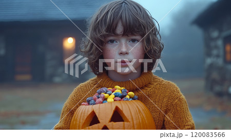 Young child holding a carved pumpkin filled with colorful candies outdoors. Concept Halloween celebration. For festive marketing materials Young child holding a carved pumpkin filled with colorful candies outdoors. Concept Halloween celebration. For festive marketing materials 120083566