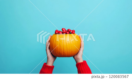 Hands hold a pumpkin filled with red toy hearts against a blue background. Concept of love and nature combination. For seasonal or holiday-themed promotions. Hands hold a pumpkin filled with red toy hearts against a blue background. Concept of love and nature combination. For seasonal or holiday-themed promotions. 120083567