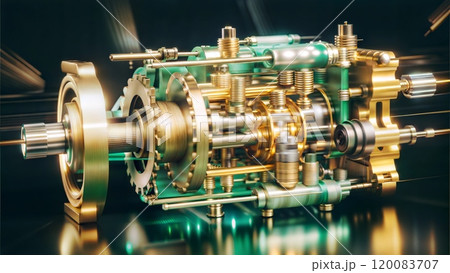 Schematic Breakdown of an Internal Combustion Engine with Detailed Gear System View Schematic Breakdown of an Internal Combustion Engine with Detailed Gear System View 120083707
