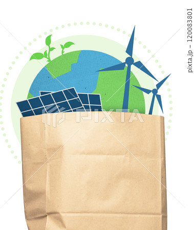 Paper bag with solar panels and wind turbines inside, against green Earth. Renewable energy solutions and eco-friendly technology. Conceptual art collage. Paper bag with solar panels and wind turbines inside, against green Earth. Renewable energy solutions and eco-friendly technology. Conceptual art collage. 120083801