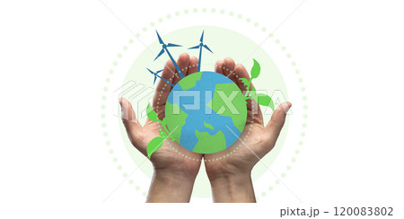 Hands with illustration of Earth adorned with wind turbines and green leaves. Global care and renewable energy. Conceptual art collage. Hands with illustration of Earth adorned with wind turbines and green leaves. Global care and renewable energy. Conceptual art collage. 120083802