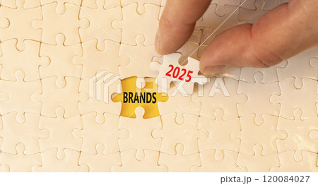Planning brands 2025 new year symbol. Concept words Brands 2025 on beautiful white puzzle. Beautiful white puzzle background. Businessman hand. Business brands 2025 new year concept. Copy space. 120084027