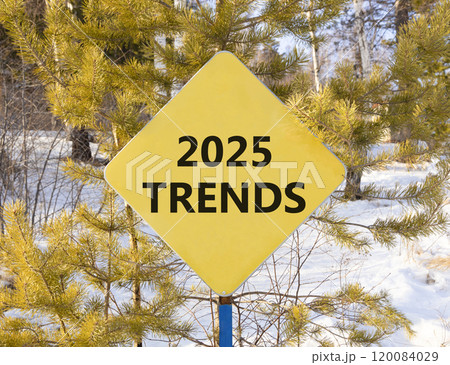 Planning 2025 trends new year symbol. Concept words 2025 Trends on beautiful yellow road sign. Beautiful winter forest background. Business 2025 trends new year concept. Copy space. 120084029