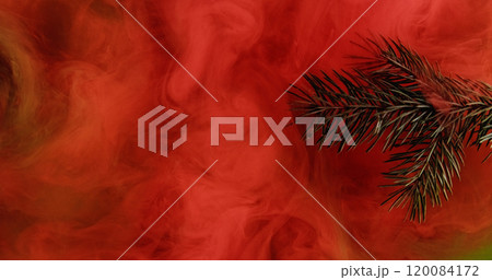 Mist fir branch. Vapor cloud. Green needle tree in red color ink water mix fume floating wave texture abstract background. Mist fir branch. Vapor cloud. Green needle tree in red color ink water mix fume floating wave texture abstract background. 120084172