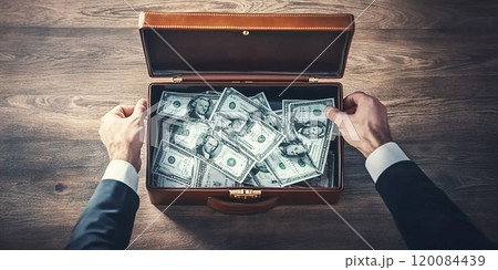 Successful businessman with briefcase full of dollars. Business, wealth, winnings money concept. 120084439
