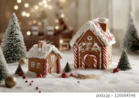 Close-up of two gingerbread houses in snowy holiday setting Close-up of two gingerbread houses in snowy holiday setting 120084546