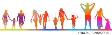 Family colored parents and kids outdoor activities in park silhouettes . People seniors adults teens kids having fun playing together outside silhouette. hand drawn. Not AI, Vector illustration 120084670