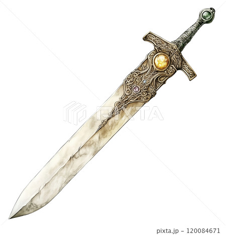An Elegant Elven Sword Adorned with Intricate Carvings and a Gem-Encrusted Hilt 120084671