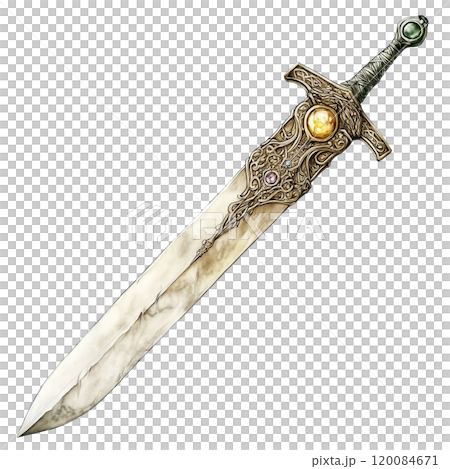 An Elegant Elven Sword Adorned with Intricate Carvings and a Gem-Encrusted Hilt 120084671