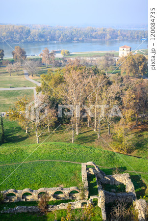 Remains of Historic Belgrade Fortress fortifications in Kalemegdan park in Belgrade, Serbia 120084735