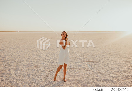 portrait of young tanned blonde European woman 120084740
