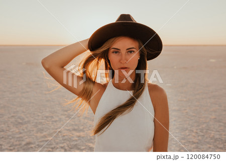 portrait of young tanned blonde European woman portrait of young tanned blonde European woman 120084750