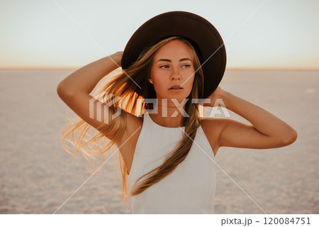 portrait of young tanned blonde European woman portrait of young tanned blonde European woman 120084751