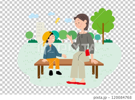 Mother and child resting in the park 120084768