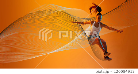 Young athletic woman, runner in motion, jumping, training against orange background with abstract neon wave elements. 120084915