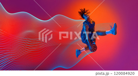 Slam dunk. Young man, basketball player in mid-jump with ball during intense game against gradient background with dynamic abstract lines. Slam dunk. Young man, basketball player in mid-jump with ball during intense game against gradient background with dynamic abstract lines. 120084920