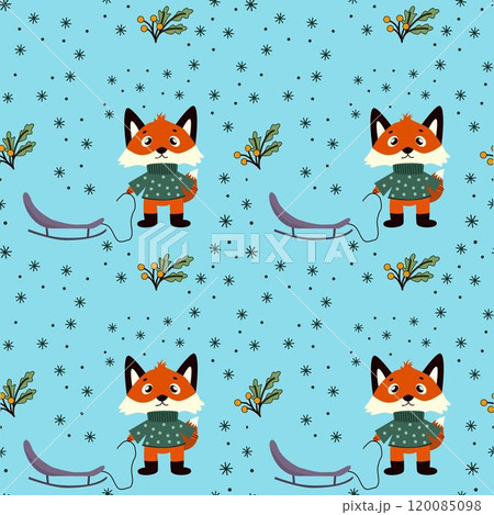Christmas seamless pattern, Fairytale red fox animals with a sled, twigs, snowflakes, white background. Baby texture for fabric, nursery decoration, textiles, apparel. 120085098