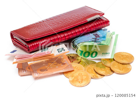 Red Leather Women Purse with Different Euro Banknotes and Bitcoin Coins Red Leather Women Purse with Different Euro Banknotes and Bitcoin Coins 120085154