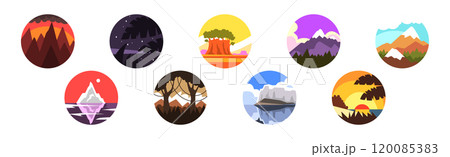 Beautiful Landscape and Nature Scene in Round Frame Vector Set 120085383
