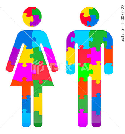 Man and woman silhouettes from colored puzzles. 3D rendering 120085422
