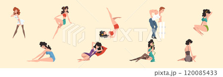 Seductive Pin Up Girls in Sexy Clothing Posing Vector Set 120085433