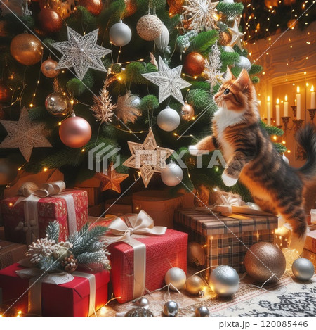 cat tries to climb a decorated Christmas tree cat tries to climb a decorated Christmas tree 120085446