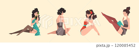Seductive Pin Up Girls in Sexy Clothing Posing Vector Set 120085452