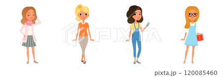 Young Woman Modern Student Character Standing in Casual Fashion Wear Vector Set 120085460