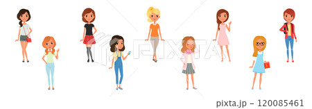 Young Woman Modern Student Character Standing in Casual Fashion Wear Vector Set 120085461