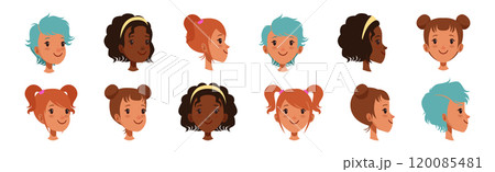 Teen Girl Smiling Face Head with Different Hairstyle Vector Set 120085481