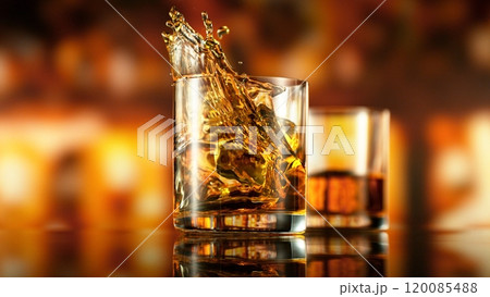 Freeze Motion of Splashing Whiskey with Ice. Freeze Motion of Splashing Whiskey with Ice. 120085488