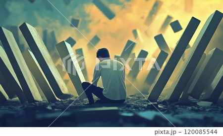 Ignorant Man Witnessing Dominoes Collapsing On Him, Surreal Concept Of Cause And Effect Unfolding In A Surprising Manner. Ignorant Man Witnessing Dominoes Collapsing On Him, Surreal Concept Of Cause And Effect Unfolding In A Surprising Manner. 120085544