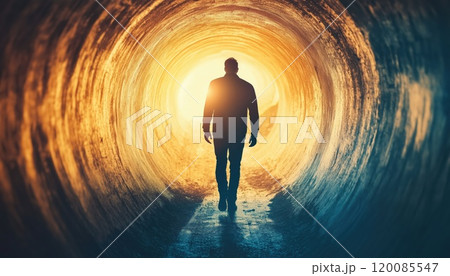 Man Emerging From A Dark Tunnel Into The Light: Symbolizing Hope, Renewal, And A New Beginning After A Time Of Darkness. 120085547