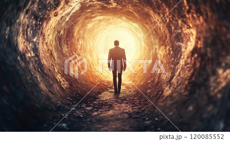 Man Emerges From Dark Tunnel Into Bright Light: Journey From Darkness To Light As A Symbol Of Hope And Renewal. 120085552