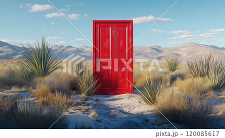 3d Render Illustration Of Desolate Desert Scene With Opened Red Door Stands Out Among The Barren Landscape, Creating A Striking Image. 3d Render Illustration Of Desolate Desert Scene With Opened Red Door Stands Out Among The Barren Landscape, Creating A Striking Image. 120085617