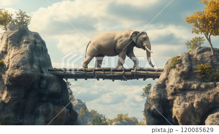 3d Render Illustration Of An Elephant Crossing A Wooden Bridge Between Two Rocks In A Natural Setting. 120085629