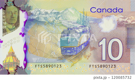 Bank of Canada issued by ten dollar polymer banknotes back view 120085732