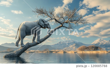 3d Render Illustration Of Elephant Standing On Thin Branch Of Withered Tree In Surreal Landscape. 3d Render Illustration Of Elephant Standing On Thin Branch Of Withered Tree In Surreal Landscape. 120085788