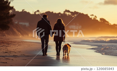 Loving Mature Couple Taking A Leisurely Beach Stroll With Their Dog, Captured In Rear View Shot. Peaceful Ocean Background. 120085843