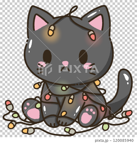 A black cat tangle up with holiday lights Christmas Hand drawn doodle illustration kawaii cute cat. Pet cartoon character. Kitten Collection of design elements invitation greeting card 120085940